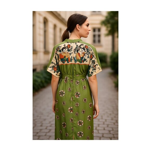 Vintage 60s Leslie Fay Original Maxi Dress – Japanese Art Print – Olive Green – - Picture 3 of 8